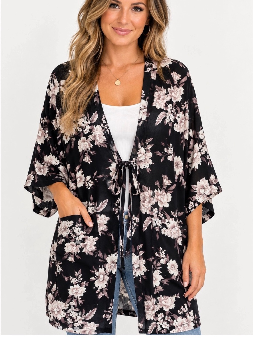 Spiritual Gangster Black Floral Tie-Front Kimono Coverup